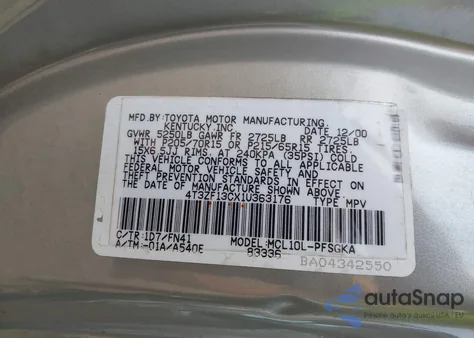 2001 Toyota Sienna Le z USA, uszkodzony, nr VIN 4T3ZF13CX1U363176